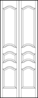 2-leaf bi-fold stile and rail interior door with square bottom, middle small rectangle, and large top arched panels