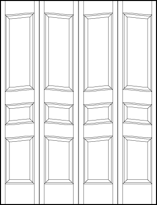 4-leaf bi-fold interior wood doors with top tall, center and medium vertical bottom sunken panels all arched