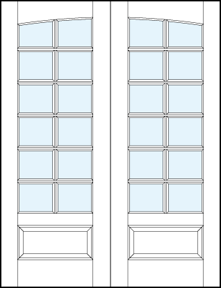 Pair of front entry glass french doors with common arch top panel, square true divided lites & bottom raised panel