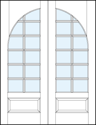Pair of front entry french doors with common radius top panel, raised bottom panel and square true divided lites