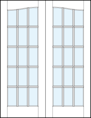 pair of interior french style doors with common cathedral top and 15 section square true divided lites design