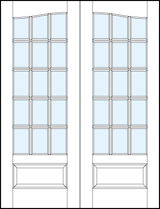 Pair of front entry french style glass doors with common cathedral top, 15 square true divided lites and raised panel
