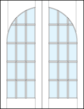 Pair of front entry french glass doors with common radius top arch panel and 15 section square true divided lites