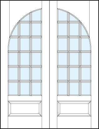 pair of front entry glass french doors with common radius top panel, 18 true divided lites and bottom raised panel