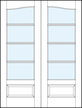pair of interior glass french doors with common cathedral top, four horizontal true divided lites and bottom panel