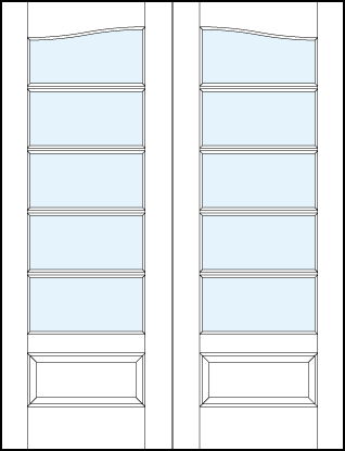 pair of front entry glass french doors with common cathedral top, five horizontal true divided lites and bottom panel