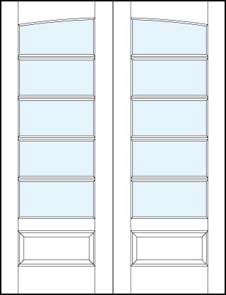 pair of front entry glass french doors with common arch top panel, five horizontal true divided lites and bottom panel