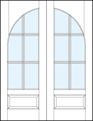 pair of custom entry glass french doors with common radius top panel, six true divided lites and bottom panel