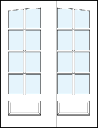 pair of custom interior glass french doors with common arch top panel, 8 true divided lites and bottom panel