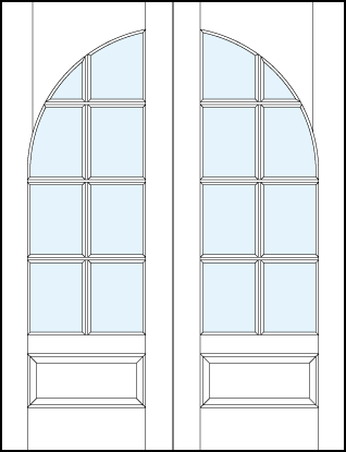 pair of custom interior glass french doors with common radius top panel, 8 true divided lites and bottom panel