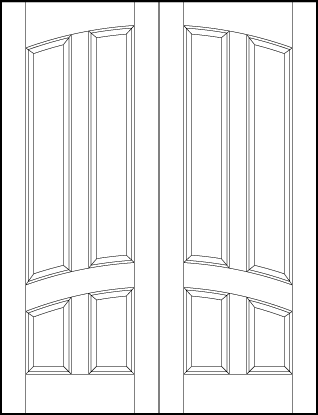 pair of interior flat panel doors with common curved arch, two tall top and two short bottom arched sunken panels