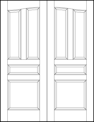 pair of interior doors with common arch, two vertical top panels, horizontal center and square bottom sunken panels