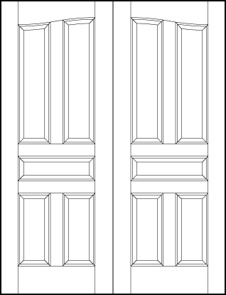 pair of stile and rail interior wood doors with common arch, tall vertical top, small center and medium tall panels