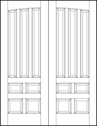 pair of custom panel front entry doors with common curved arch, three tall sunken panels and four bottom squares