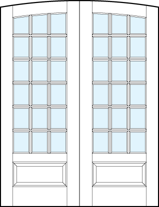 pair of front entry glass french doors with common arch top, 18 true divided lites and raised bottom panel