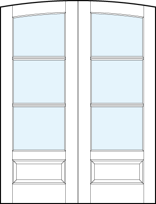 pair of interior french doors with common arch top and three horizontal true divided lites and bottom panel