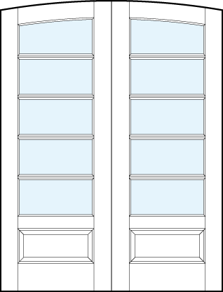 pair of front entry glass french doors with common arch top and five horizontal true divided lites and bottom panel