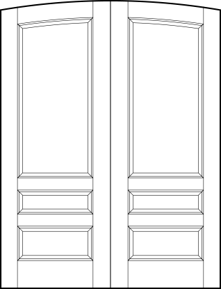 pair of interior flat panel doors with common curved arch top, top rectangle, center small and bottom sunken rectangles