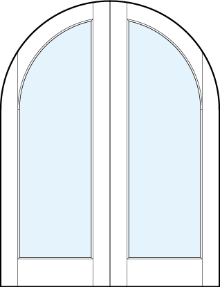radius top common arch pair of French glass doors with one solid glass insert and rounded top panel