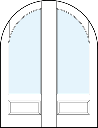 Pair of front entry glass french doors with common circle top and raised bottom panel