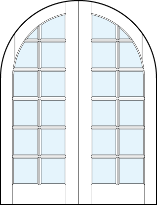 Pair of front entry glass french doors with common radius top and square true divided lites design