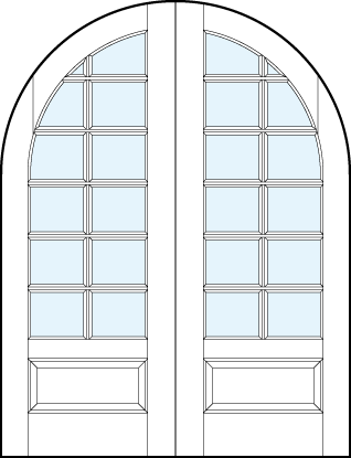 Pair of front entry modern french doors with common radius top, raised bottom panel and square true divided lites