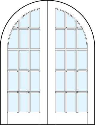 Pair of front entry french style glass doors with common radius top arch and 15 section square true divided lites