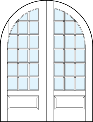pair of front entry glass french doors with common radius top, 18 true divided lites and bottom raised panel