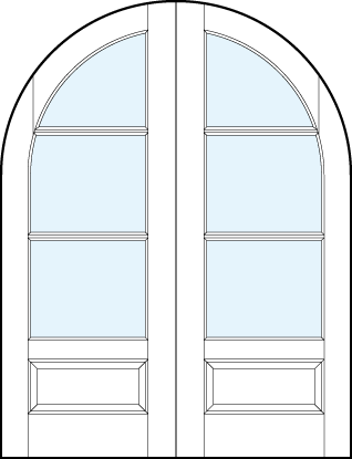pair of front entry french doors with common radius top and three horizontal true divided lites and bottom panel