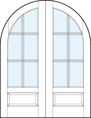 pair of custom front entry glass french doors with common radius top, six true divided lites and bottom panel
