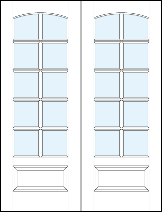 French glass front doors with ten square true divided lites, slight rounded top panel arch and raised bottom panel pair