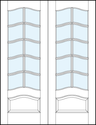 pair of French glass doors with arched true divided lites and arched bottom raised panel