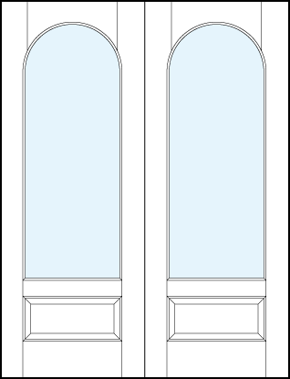 Pair of front entry glass french doors with half circle top arch and raised bottom panel