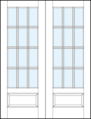 Pair of front entry glass french doors and rectangle true divided lites for 12 pane appearance and raised bottom panel