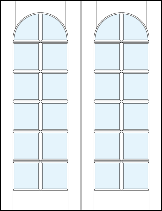 Pair of front entry glass french doors with square true divided lites design with half circle top arch
