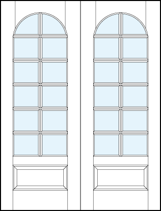 Pair of front entry modern french doors with raised bottom panel and radius top and square true divided lites
