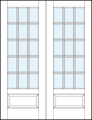 pair of interior french doors with glass panel and 15 section square true divided lites and bottom raised panel