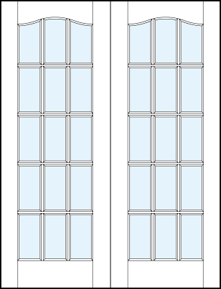Pair of front entry french style doors with glass panel, 15 section square true divided lites design and cathedral top
