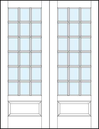 pair of interior glass french doors with true divided lites creating 18 sections with raised bottom panel