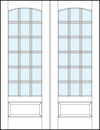pair of front entry glass french doors with 18 true divided lites, slight curved top arch and raised bottom panel
