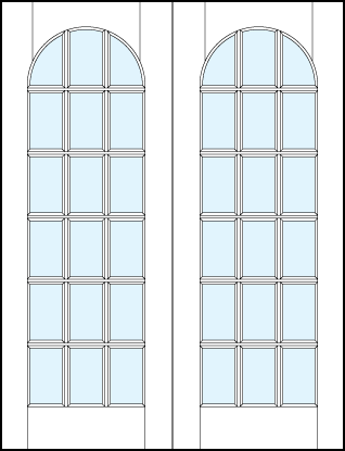 pair of front entry glass french doors with 18 true divided lites and half circle top arch