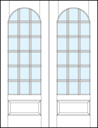 pair of front entry glass french doors with 18 true divided lites, half circle top arch and bottom raised panel