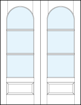 pair of front entry french doors with three horizontal true divided lites, half circle top and bottom raised panel
