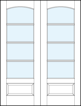 pair of front entry glass french doors with four horizontal true divided lites, curved arch top & bottom raised panel