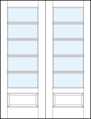 pair of modern front entry glass french doors with five horizontal true divided lites and bottom raised panel