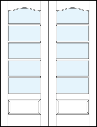 pair of interior glass french doors with five horizontal true divided lites, cathedral top and raised panel