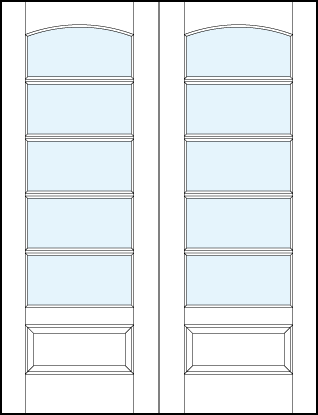 pair of front entry glass french doors with five horizontal true divided lites, curved top and bottom panel