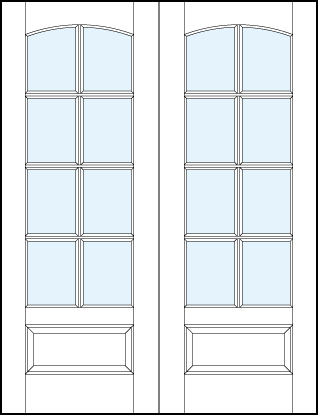 pair of custom front entry glass french doors with eight true divided lites, curved arch top and bottom raised panel