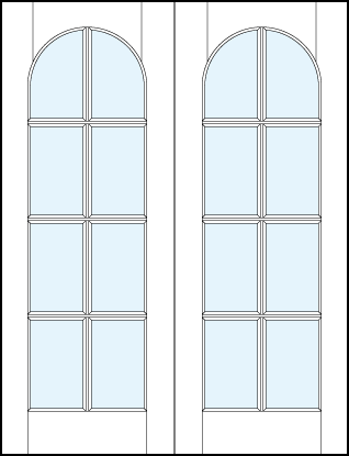 pair of custom interior glass french doors with eight true divided lites and half circle top