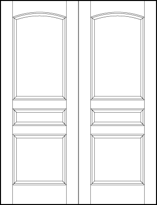 pair of stile and rail interior doors with square bottom, horizontal center, and top arched rectangle sunken panels